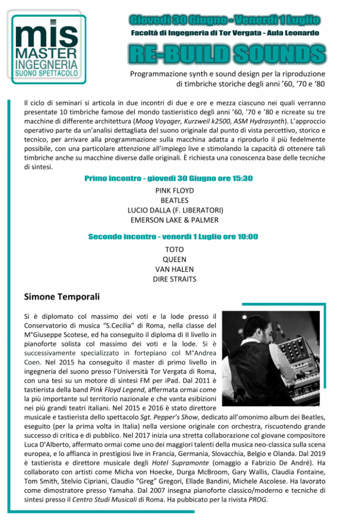 Seminari RE-BUILD SOUNDS 30 giugno e 1 luglio: i sintetizzatori di Simone Temporali